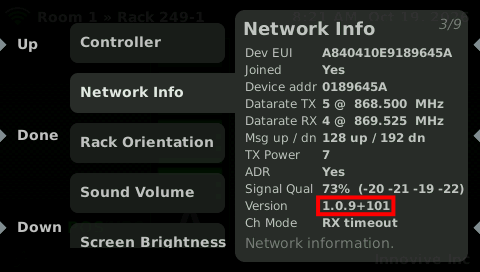 The controller’s Network Info screen, with the version number highlighted