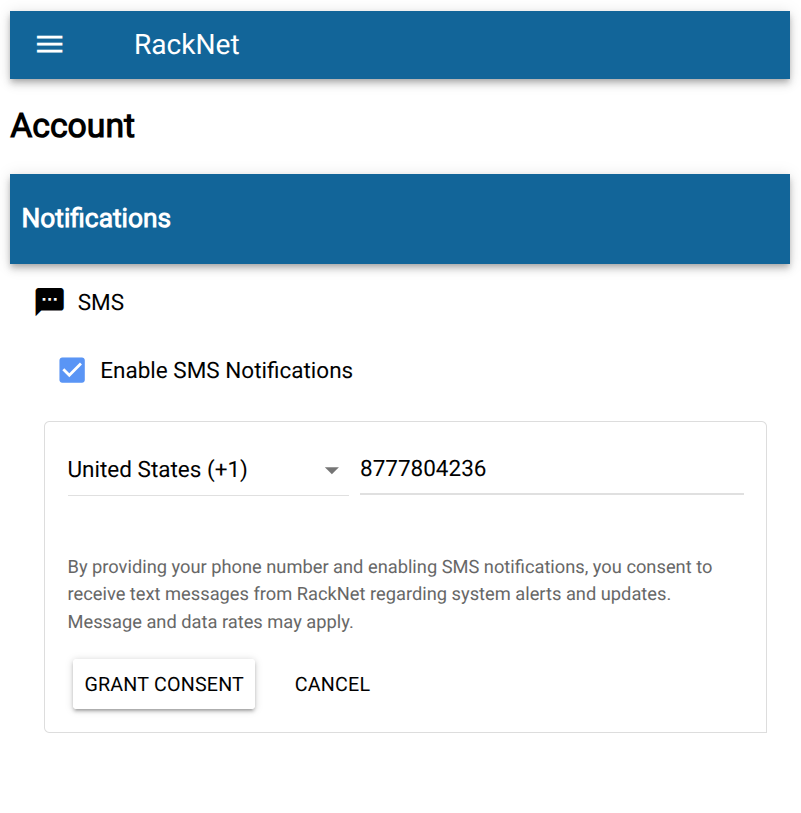 Settings screen asking for consent to receive text messages