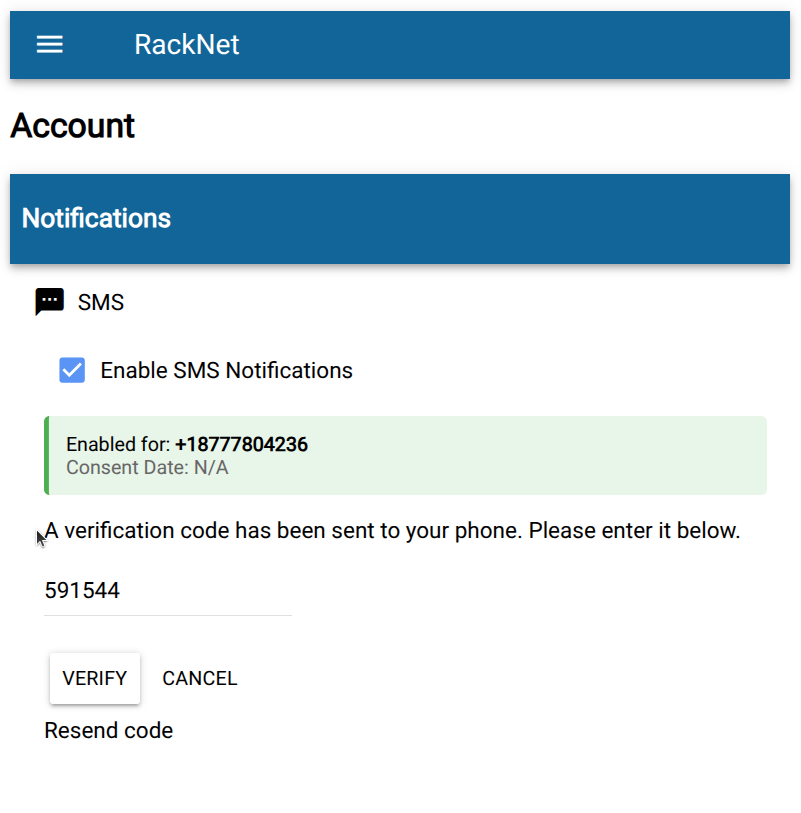 Settings screen asking for the verification code
