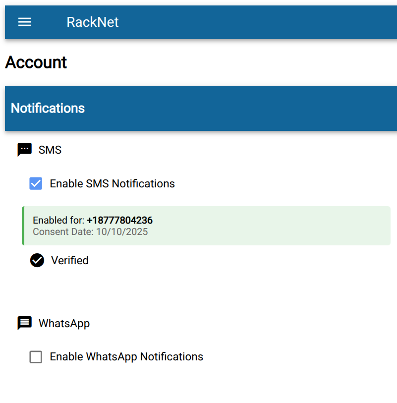 Settings screen showing text message alerts enabled