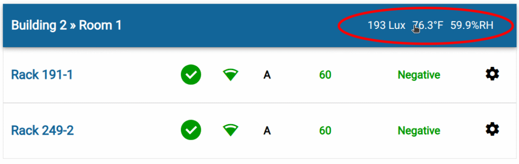 Temperature, Humidity, and Light on main racks view
